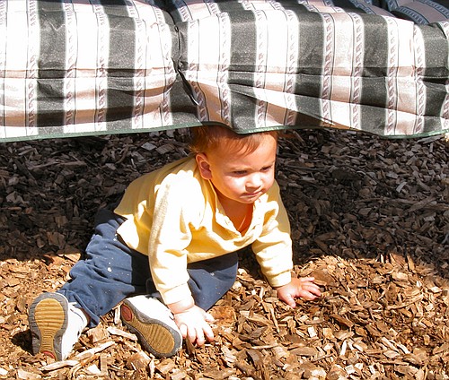 Amitai hides under our swing